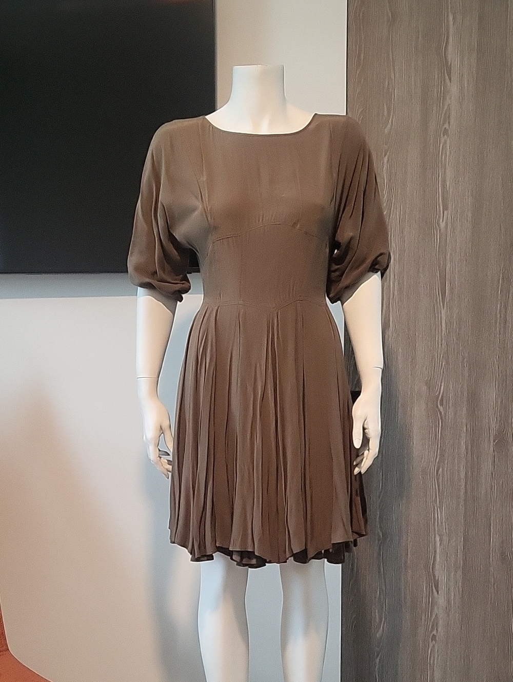 MANGO dark Khaki Pleated Mini Dress with Puff Sleeves